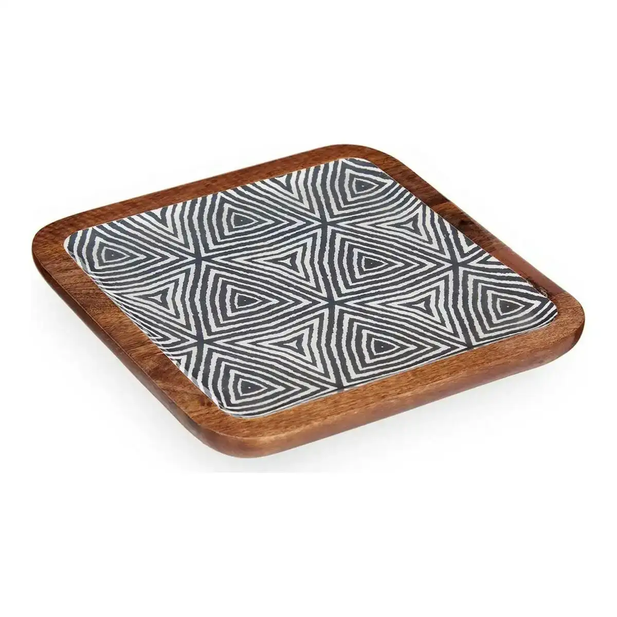 Centre de Table Ethnique 25 x 25 cm Blanc Marron Noir Résine Bois de manguier 
