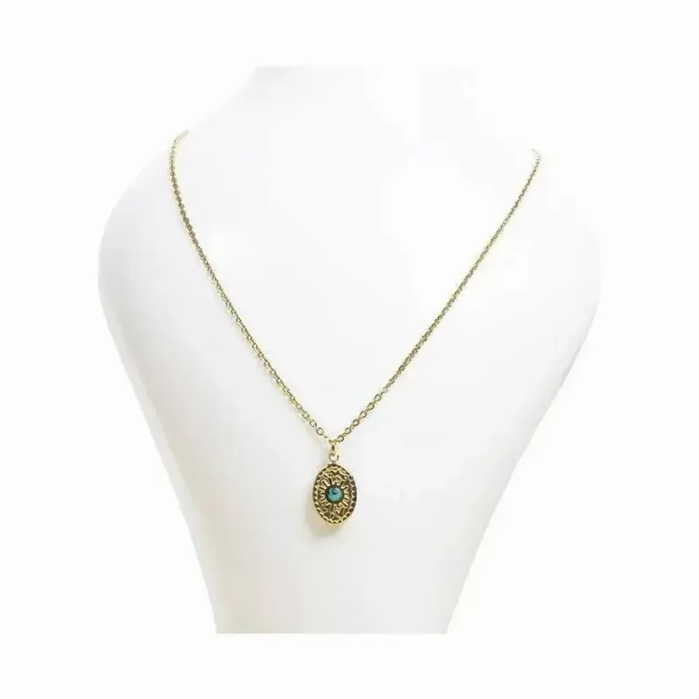Gold stainless steel chain necklace with oval turquénite pendant a