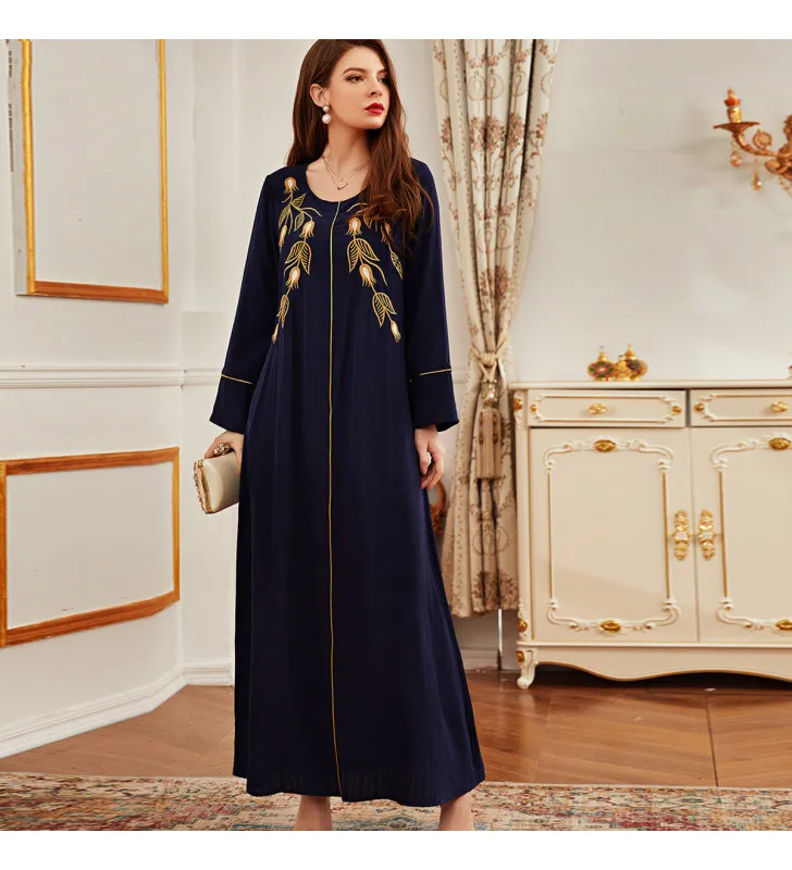 Jupe longue ethnique brodée bleue de style national rétro pour femmes de grande taille