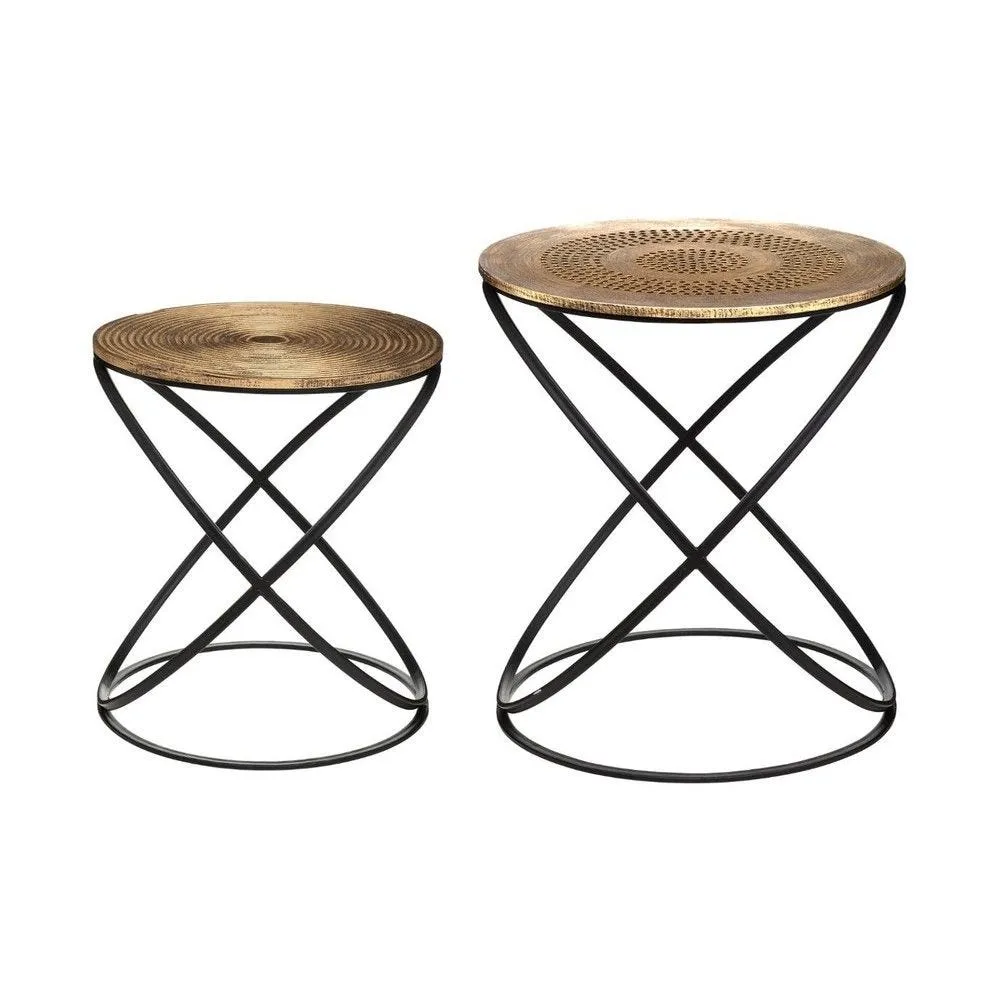 Lot de 2 tables d'appoint pied en métal et plateau en bois déco ethnique