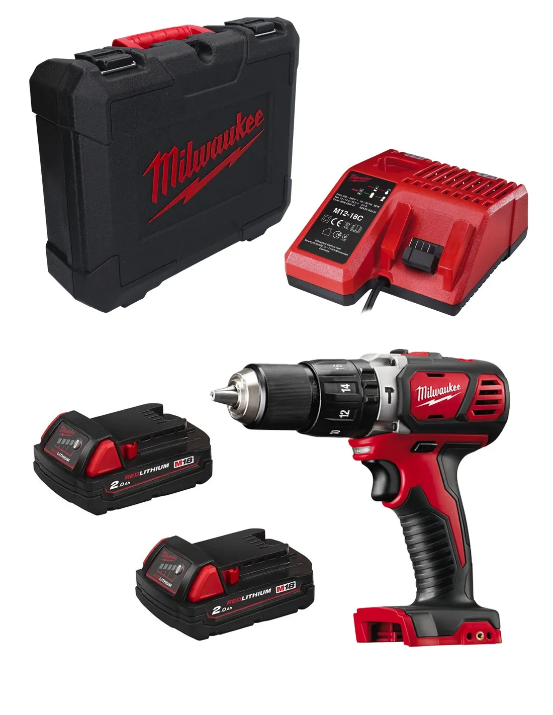 Perceuse à Percussion Milwaukee M18BPD202C (2 x 2.0 Ah+ M12-18C + Maletin de transporte)